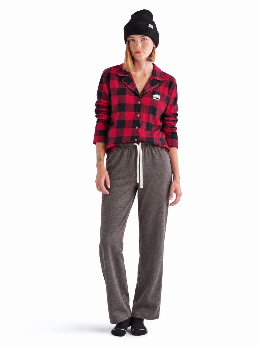 ROOTS Woman Red Plaid Relax Pajama Button Down Shirt LARGE Cozy Cabincore